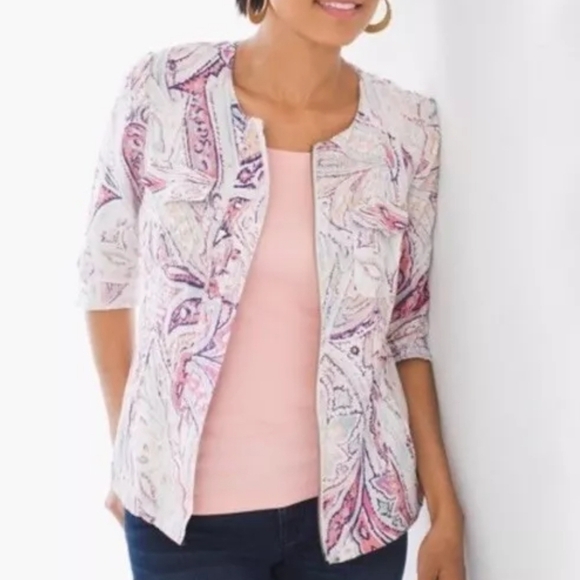 Chico's Paisley Floral Linen Zip Front Shacket Lightweight Jacket Size Medium - Picture 1 of 13